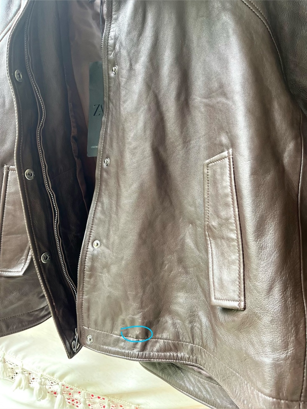 Zara 100% Leather Bomber Jacket High Neck Long Sleeves Cuffs Brown Medium NEW - Picture 10 of 16
